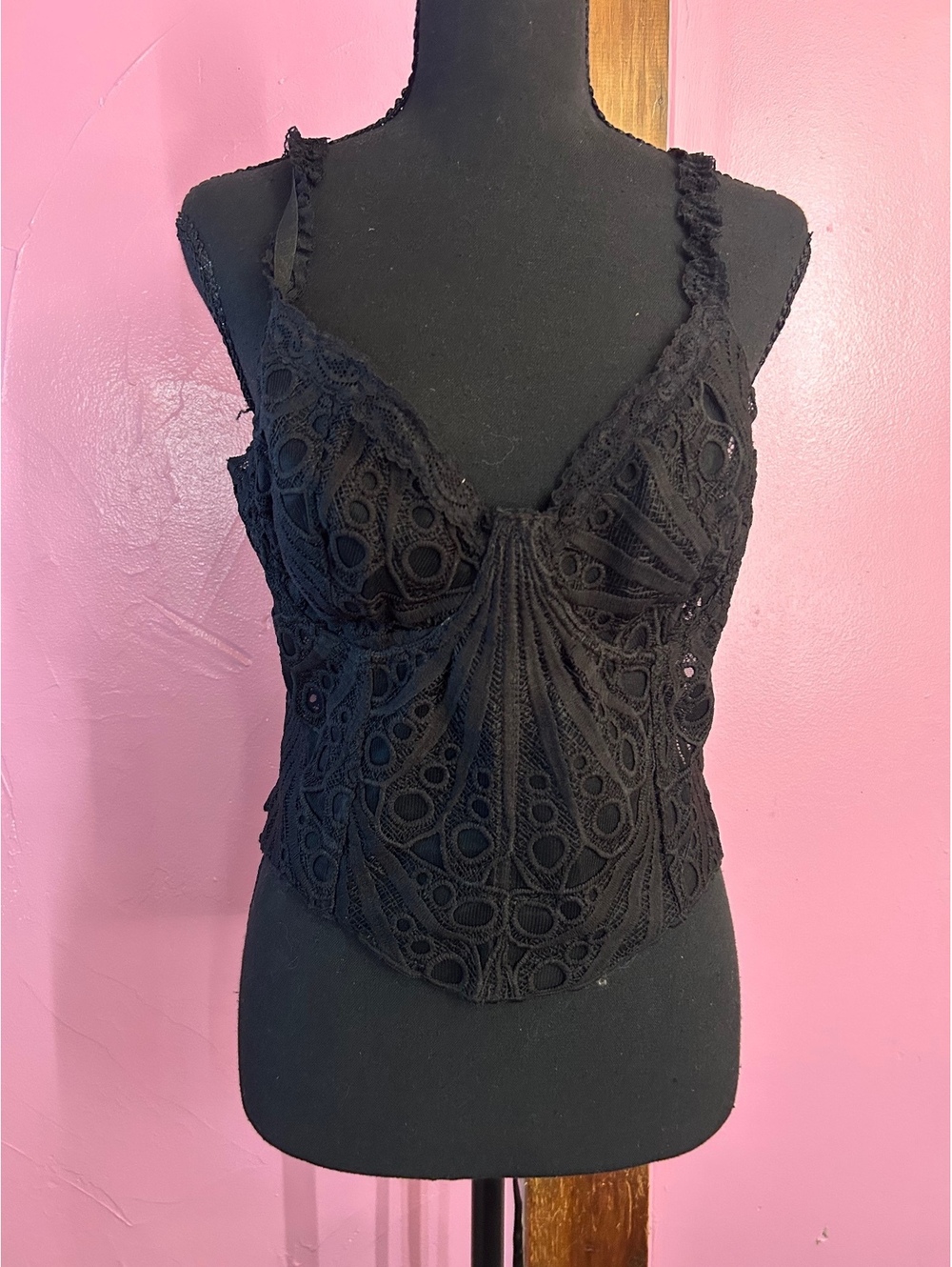 Black Lace Corset Top with Adjustable Straps and Back Lacing Detail